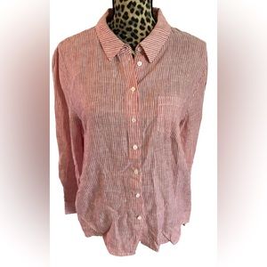 antonio melani Top Blouse Large LINEN Long Sleeve Red Vertical Stripes Button Up